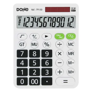 Dohe Calculadora de Sobremesa Grande 12 Digitos - Pantalla Reclinada - Teclas de Gran Formato - Raiz Cuadrada, Gran Total, Recuperacion de Memoria - Alimentacion Solar y a Pilar - Color Blan