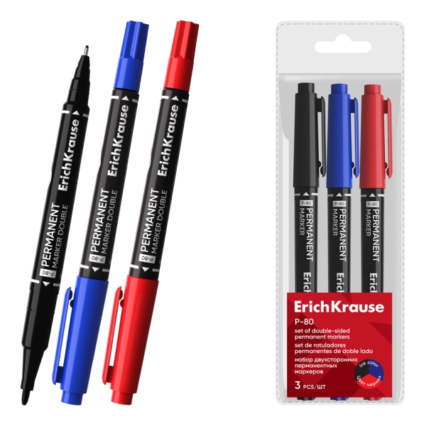 ErichKrause Double P-80 Pack de 3 Rotuladores Permanentes - Punta de Bala de 1.65mm - Punta de Aguja de 0.45mm - Resistente al Agua y a la Luz - Multisuperficie - Cuerpo Redondo - Colores Su