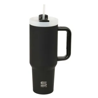 Safta Vaso con Asa Termico - Capacidad 1.2L - Pajita - Base Antideslizante - Acero Inoxidable - Doble Pared - 12h Caliente - 24h Frio - 10x26.5cm - Color Negro