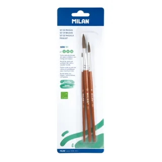 Milan 101 Pack de 3 Pinceles Redondos - Formatos Surtidos - Pelo de Cabra y Sintetico - Color Madera Oscuro