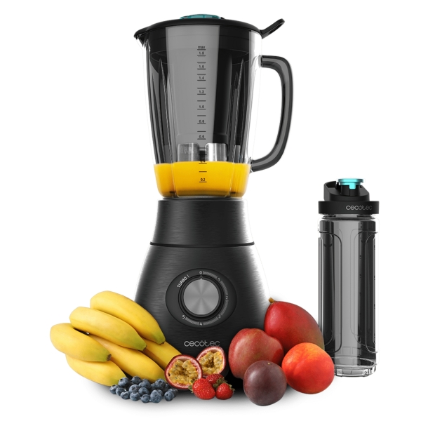 Cecotec Power Black Titanium 1800 Go Batidora de Vaso - Potencia de 1800W - Cuchilla de Titanio - Jarra de Vidrio 1.8L - 5 Velocidades - Incluye Botella Portatil - Funcion Turbo - Color Negr