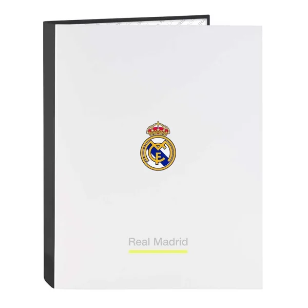 Safta Real Madrid Carpeta de 4 Anillas - Tapas Duras Forradas - Lomo de 40mm - Formato Folio - 26.5x33x4cm - Color Blanco y Negro
