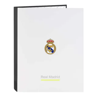 Safta Real Madrid Carpeta de 4 Anillas - Tapas Duras Forradas - Lomo de 40mm - Formato Folio - 26.5x33x4cm - Color Blanco y Negro