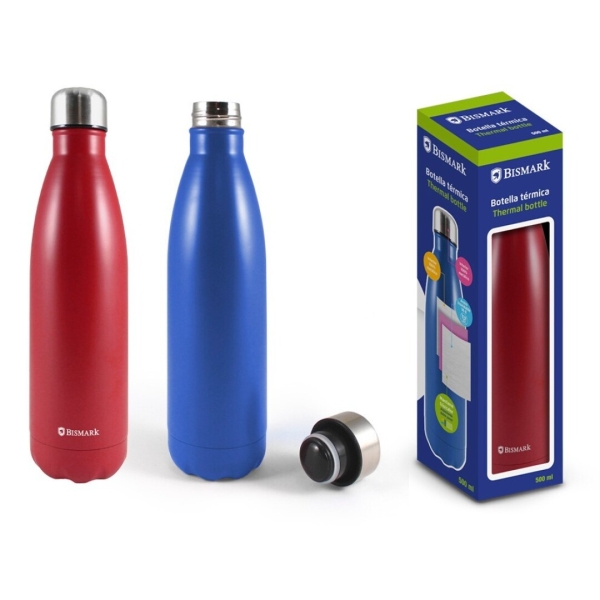 Bismark Botella Termica 500ml - Aislamiento de Vacio de Doble Pared - Tapon Hermetico - Colores Rojo y Azul · Pack de 6 uds.
