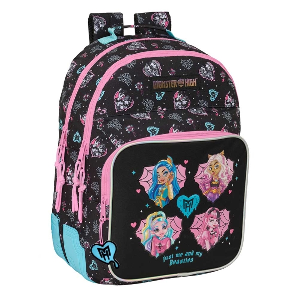 Safta Monster High Mochila con 2 Compartimentos - Antirozaduras - Adaptable a Carro - Bolsillo Frontal - Portabotellas - Tirador Doble - Hombreras Ergonomicas - 20L - 320x150x420mm - Color Negro
