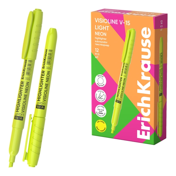 ErichKrause Visioline V-15 Light Neon Marcador Fluorescente - Punta Biselada - Trazo de 0.6 a 3.5mm - Color Amarillo · Pack de 12 uds.