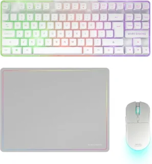 Mars Gaming MCPWTKL Combo Pack Gaming 3en1 - Teclado Hibrido H-Mech Formato TKL - Disposicion Internacional QWERTY US - Raton 3200dpi - Switches HUANO - Color Blanco