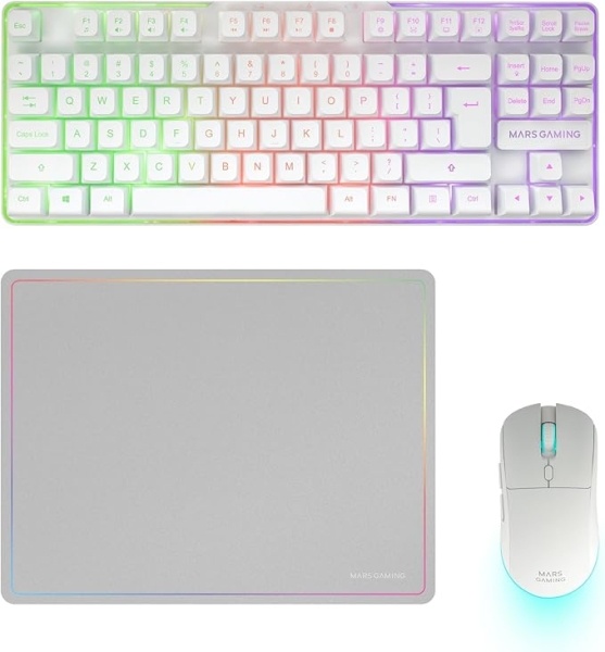 Mars Gaming MCPWTKL Combo Pack Gaming 3en1 - Teclado Hibrido H-Mech Formato TKL - Disposicion Internacional QWERTY US - Raton 3200dpi - Switches HUANO - Color Blanco