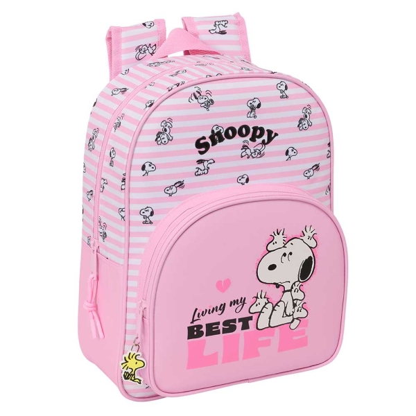 Safta Snoopy Mochila Infantil - Portabotellas - Bolsillo Frontal - Adaptable a Carro - Hombreras Acolchadas - 26x34x11cm - Color Rosa