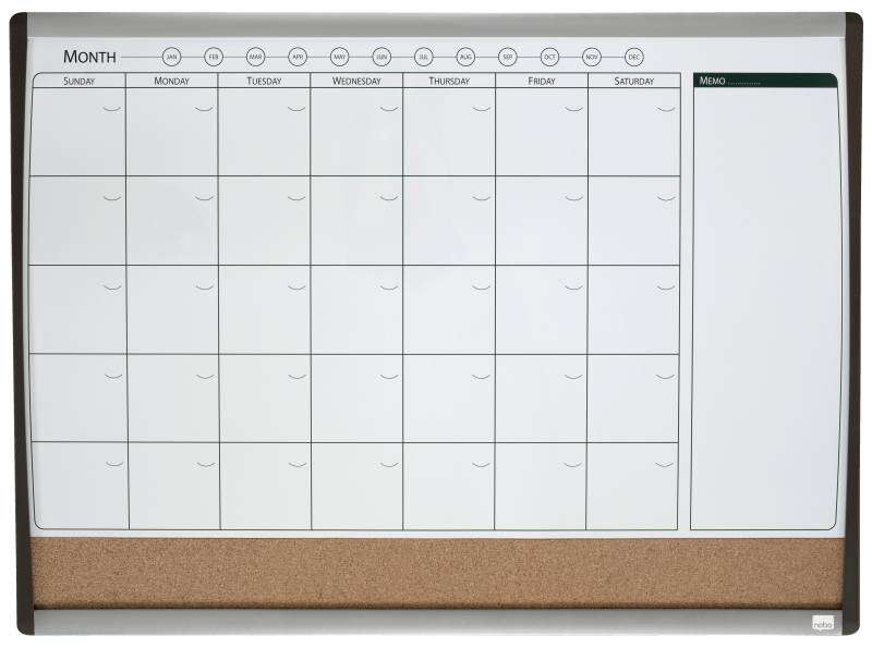Nobo Planificador Pizarra Magnetica Pequeña con Tablero de Anuncios de Corcho 585x430mm - Semanal y Mensual - Marco Plateado y Negro - Incluye Rotulador