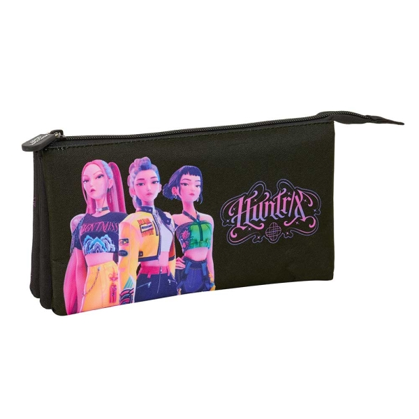 Safta K-Pop Demon Hunters Portatodo - 3 Compartimentos con Cremallera - Bolsillo Interior Central - 22x12x3cm - Color Negro