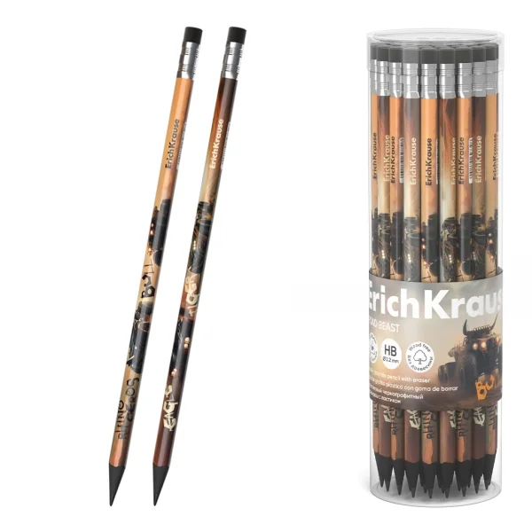 ErichKrause Road Beast Lapiz de Grafito con Goma de Borrar - Mina HB - Cuerpo Triangular - Plastico - Colores Surtidos · Pack de 42 uds.