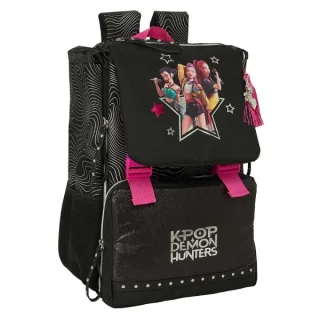 Safta K-Pop Demon Hunters Energy Mochila Extensible - Solapa - Cierre con Cordon - Portabotellas - Bolsillo Frontal - Detalles Reflectantes - Rejilla Antisudor - 18.5x41x15cm - Color Negro y