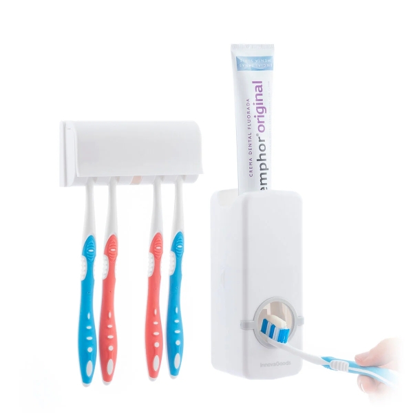 Innovagoods Diseeth Dispensador de Pasta Dental con Organizador para 5 Cepillos - Multifuncion - Facil Limpieza - Adhesivos de Calidad Incluidos - Color Blanco