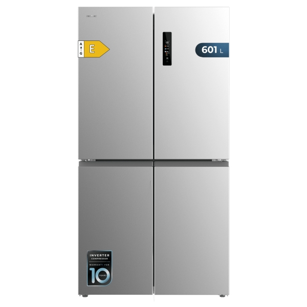 Cecotec Bolero CoolMarket 4D 601 Inox E Frigorifico Americano 4 Puertas - Capacidad 601L - Compresor Inverter - Acero Inoxidable - Pantalla en Puerta - Clase E - 90.5x73x177.5cm - Color Acer