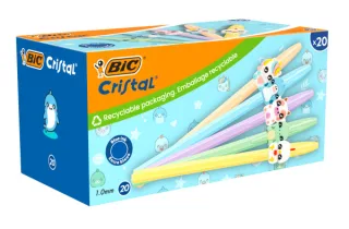 Bic Cristal Pastel Figurines Pack con 20 Boligrafos de Bola - Cuerpo Opaco en Colores Pastel con Figuras de Animales - Punta Redonda de 1mm - Trazo 0.4mm - Tinta con Base de Aceite - Color d