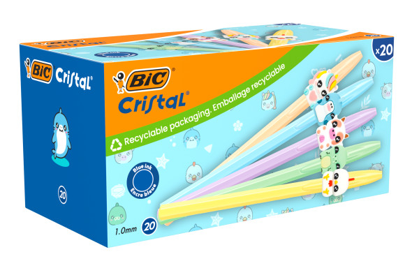 Bic Cristal Pastel Figurines Pack con 20 Boligrafos de Bola - Cuerpo Opaco en Colores Pastel con Figuras de Animales - Punta Redonda de 1mm - Trazo 0.4mm - Tinta con Base de Aceite - Color d
