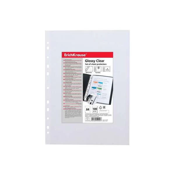 Erichkrause Glossy Clear Pack de 100 Fundas Multitaladro A4 60mic - 11 Taladros - Acabado Brillante Transparente