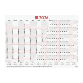 Finocam Planificador de Tipo Poster - Anual 2026 - Espacio para Escribir - 680x485mm - Numeros Grandes - Color Blanco y Rojo