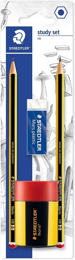 Staedtler 120 Pack de 2 Lapices de Grafito 2HB Hexagonales + 1 Sacapuntas con Deposito + 1 Goma de Borrar Mars Plastic - Madera de Bosques Sostenibles - Resistencia a la Rotura