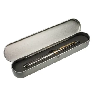 Milan Caja Metalica con Boligrafo Multifuncion - Boligrafo Azul - Boligrafo Rojo - Portaminas - Goma de Borrar - Color Plata