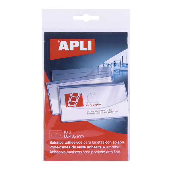 Apli Pack de 10 Bolsillos Adhesivos Porta Tarjetas con Solapa de Cierre - Medidas 100x60mm - Ideal para Presentaciones Impresas, Dosieres