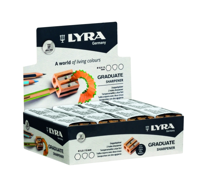 Lyra Graduate Sacapuntas Doble de Madera - Lapices hasta 8mm - Cuchilla de Alta Calidad · Pack de 24 uds.