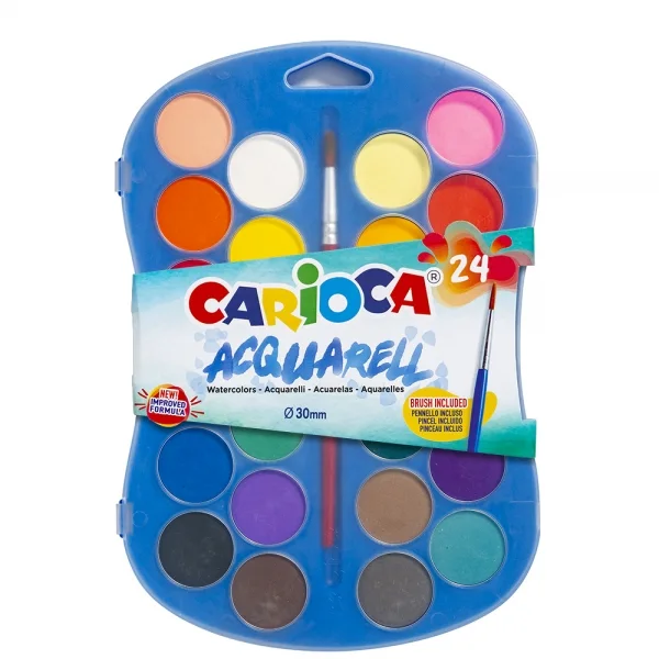 Carioca Acuarell Pack de 24 Acuarelas en Pastillas de Ø 30mm - Brillantes - Facilmente Mezclables - Colores Surtidos