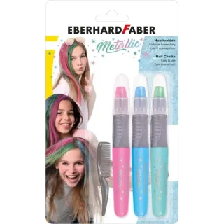 Eberhard Faber Pack de 3 Tizas Metallic para el Cabello + 1 Mini Peine - Aplicar sobre el Cabello Seco - Utilice el Peine para Dispensar el Color - Facil de Lavar - Colores Rosa, Azul, Verde