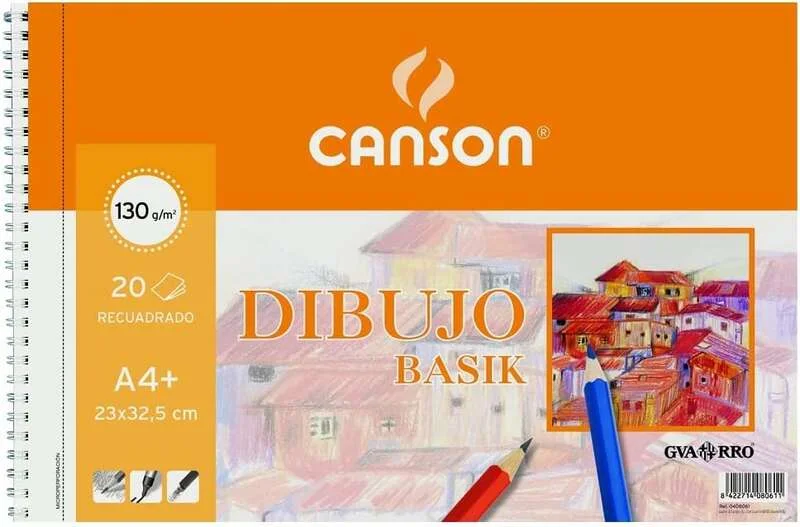 Canson Basik Cuaderno de Dibujo A4+ con Recuadro - 20 Hojas Microperforadas 130g/m² - Color Blanco