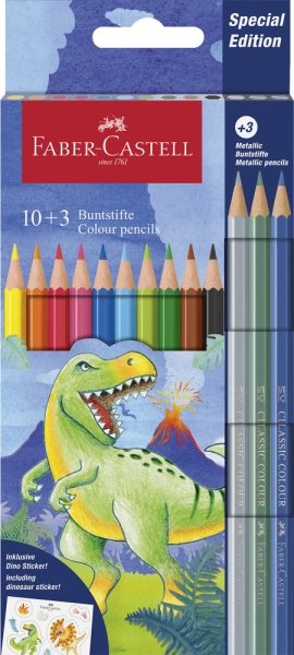 Faber-Castell Edicion Dinosaurios Pack de 13 Lapices de Colores Hexagonales - 10 Colores Clasicos + 3 Colores Metalizados - Incluye Pegatinas de Dinosaurios - Resistencia a la Rotura - Color