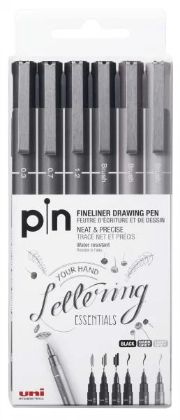 Uni-ball Uni Pin Pack de 6 Rotuladores Calibrados 0.3, 0.7, 1.2, Brush - Punta Poliacetal - Tinta Pigmentada Resistente al Agua y Luz - Ideal para Dibujo Profesional y Escritura - Colores Negro y Gris