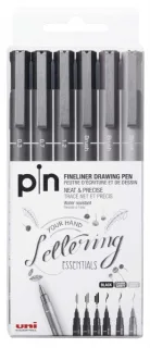 Uni-ball Uni Pin Pack de 6 Rotuladores Calibrados 0.3, 0.7, 1.2, Brush - Punta Poliacetal - Tinta Pigmentada Resistente al Agua y Luz - Ideal para Dibujo Profesional y Escritura - Colores Ne