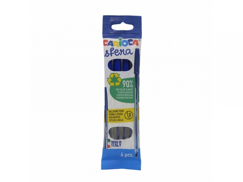 Carioca Sfera Flowpack Pack de 4 Boligrafo - Punta Ø 1mm - Capuchon y Retro del Color de la Tinta - Escritura Super Deslizante - Paquete de Papel - Color Azul