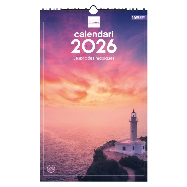 Finocam Calendario de Pared en Catalan - Anual 2026 - Imagenes Variadas - con Espiral - Espacio para Escribir - Tematica de Atardeceres Magicos