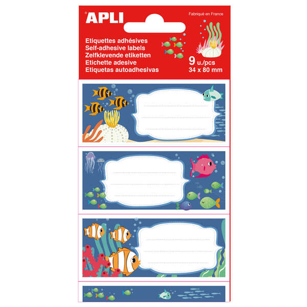 Apli Etiquetas Adhesivas Escolares Fondos Marinos - Tamaño 81x36mm - Adhesivo Permanente de Alta Calidad - Ideal para Identificar Libros y Cuadernos - Colorido Diseño Marino · Pack de 5 uds.