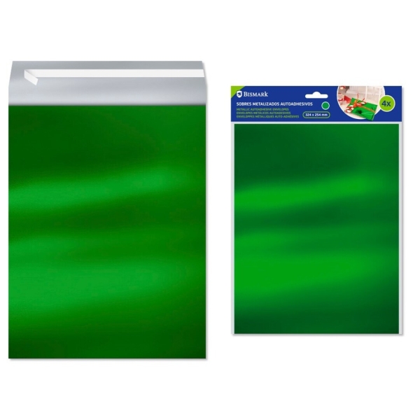 Bismark Pack de 4 Sobres Metalizados - Medidas 324x254mm - Cierre Autoadhesivo - Ideal para Regalos - Color Verde Metalizado