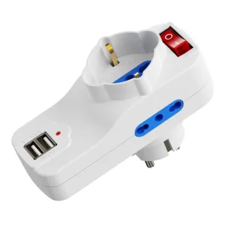 Ewent Regleta de 3 Tomas de Pared - 3x Tomas Italianas Tipo L/ Schuko de 10/16A - 2 Tomas L + 1 Toma L/F (Schuko) - 2x USB-A - Interruptor On/Off - Proteccion Infantil - Enchufe Schuko - Col