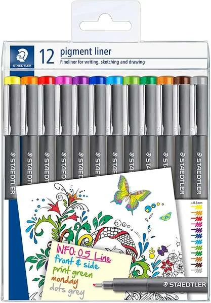 Staedtler Pigment Liner 308 Pack de 12 Rotuladores Calibrados - Trazo 0.5mm - Secado Rapido - Colores Surtidos