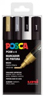 Posca PC-5M Pack de 4 Marcadores de Pintura - Punta de Bala 1.8-2.5mm - Tinta Base al Agua - No Permanente - Resistente a la Luz - Colores Oro, Plata, Blanco y Negro