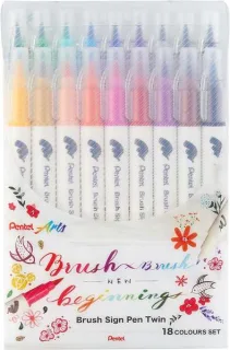 Pentel Brush Sing Pen Twin Pack de 18 Rotuladores con Doble Punta de Pincel Flexible - Punta Ancha 1-4mm, Punta Fina 0,2-2mm - Colores Surtidos