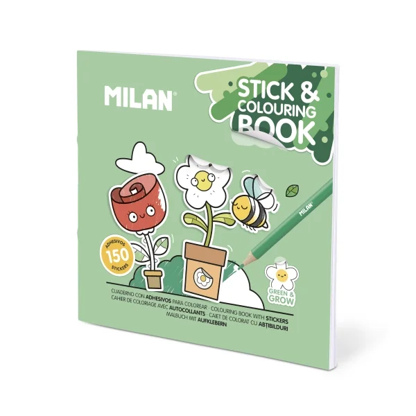 Milan Green and Grow Cuaderno para Colorear - con Adhesivos - 140g - 21x21cm - Colores Surtidos