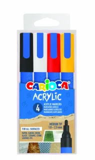Carioca Acrylic Pack de 4 Marcadores de Pintura Acrilica - Punta Redonda Media 1.8-2.5mm - Tinta a Base de Agua - Alta Cobertura - Colores Surtidos