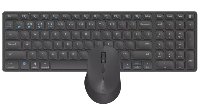 Rapoo 9700M Pack Teclado Ultrafino + Raton Inalambricos - Bluetooth y 2.4GHz - Raton 1600 DPI - Bateria Recargable Ecologica - Autonomia hasta 12 Meses - Color Negro