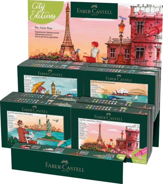 Faber-Castell Pitt Artist Pen Brush City Collection Expositor con 8 Estuches con 12 Rotuladores Punta Pincel - Tinta Pigmentada - Alta Resistencia a la Luz - No Traspasa el Papel - Colores S