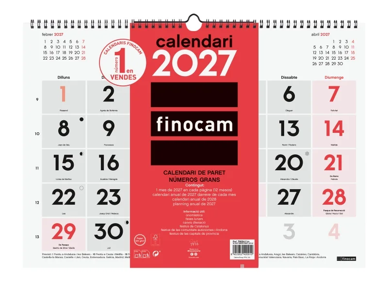 Finocam Neutro Calendario de Pared en Catalan - Anual 2027 - Mes Vista - Formato L - 430x310mm - Espiral Doble - Papel de 120g/m2 - Numeros Grandes - Color Rojo y Blanco