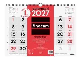 Finocam Neutro Calendario de Pared en Catalan - Anual 2027 - Mes Vista - Formato L - 430x310mm - Espiral Doble - Papel de 120g/m2 - Numeros Grandes - Color Rojo y Blanco