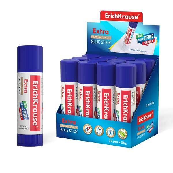 Erichkrause Pegamento en Barra Extra 36gr - Formula Super Fuerte - Consumo Economico - Adhesion Rapida y Fiable - Facil de Lavar con Agua - No Toxico - Color Blanco · Pack de 12 uds.