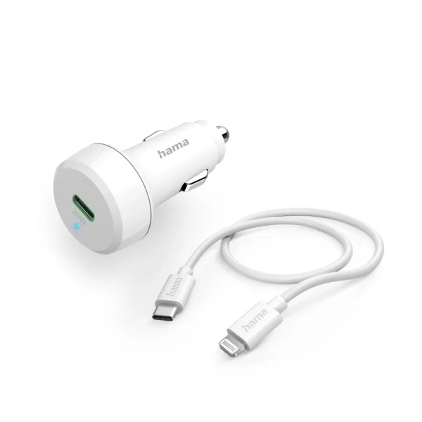 Hama Cargador de Coche 20W - Cable Lightning de 1m - Pantalla LED - Power Delivery - Color Blanco