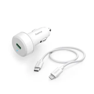 Hama Cargador de Coche 20W - Cable Lightning de 1m - Pantalla LED - Power Delivery - Color Blanco